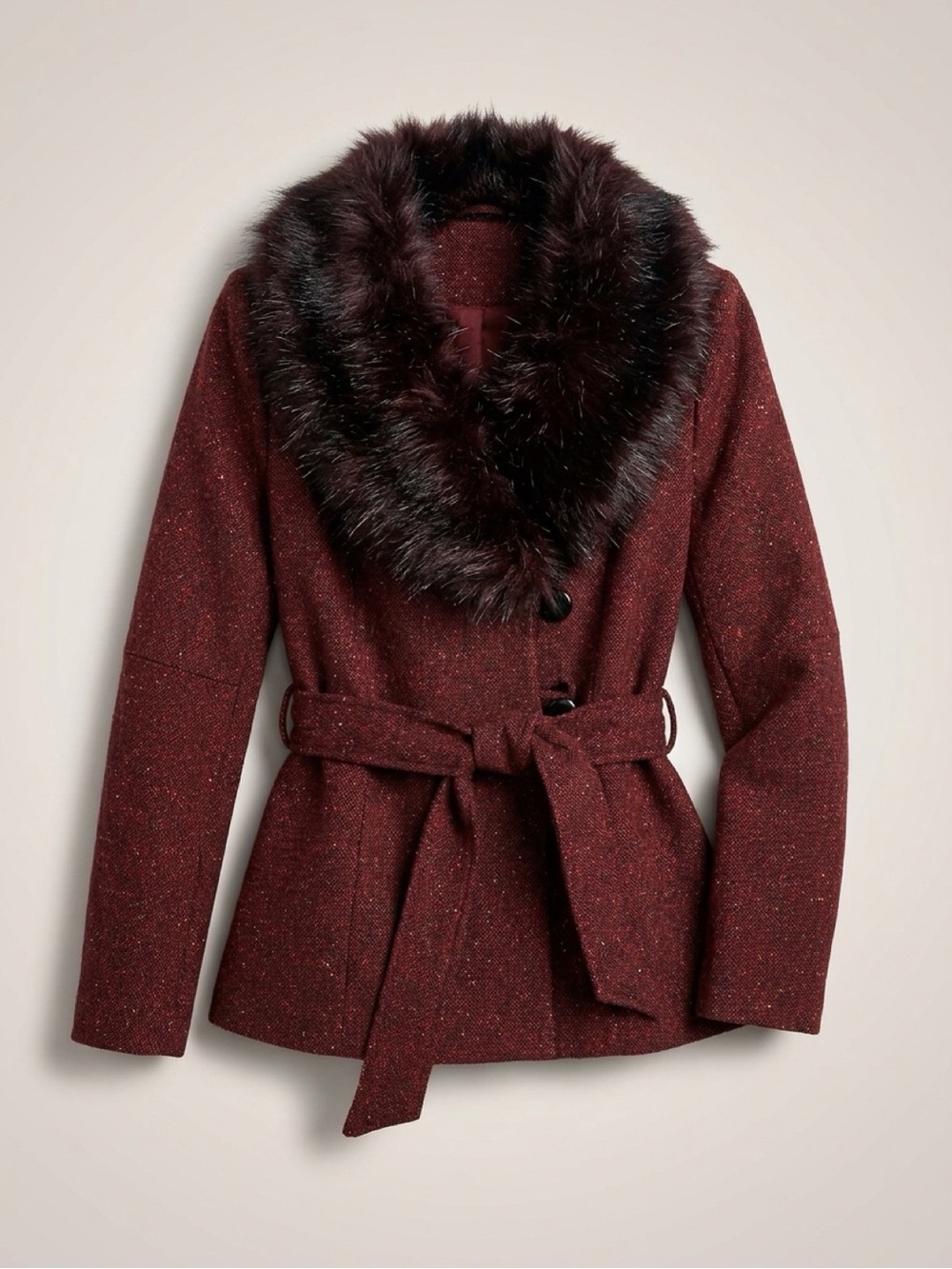 H&M Women's Wine Red Pea Coat with Faux-Fur Collar and Belt